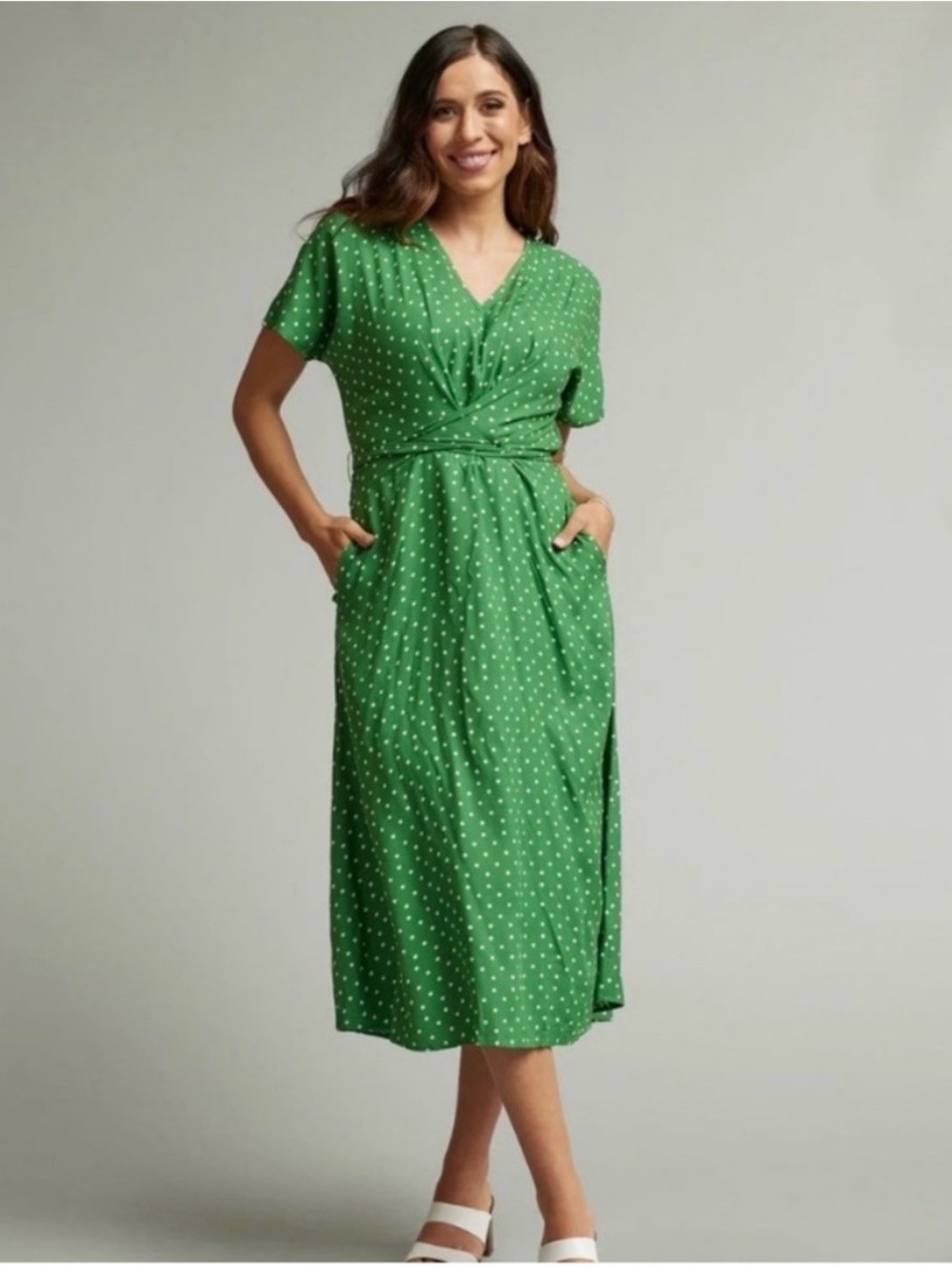 DownEast Green Polka Dot Twist-Waist Midi Dress NWOT